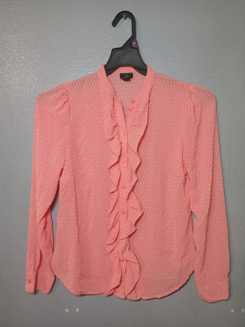 Worthington Pink Ruffle Front Near Sheer Button Down Dressy Blouse